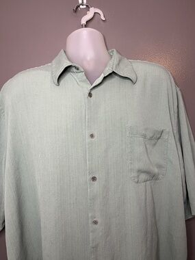 Toscano 100% Silk Shirt Mens 2XL Green Solid Short Sleeve Button Up Casual